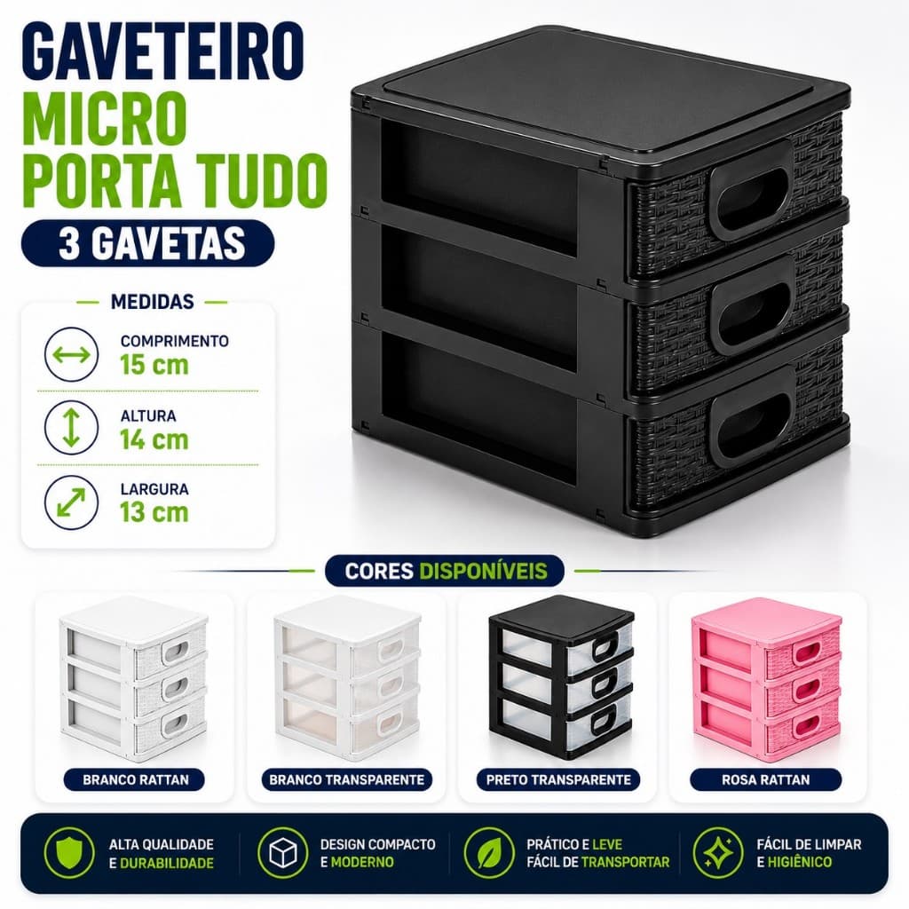Gaveteiro Organizador de Mesa Com 3 Gavetas Para Maquiagem, Acessórios ou Remédios