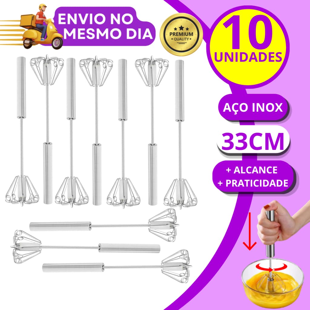 KIT 5 ou 10  Batedor de Ovos Claras Semi Automatico Aço Inox Fue Fuet Manual Mixer Profissional Multiuso
