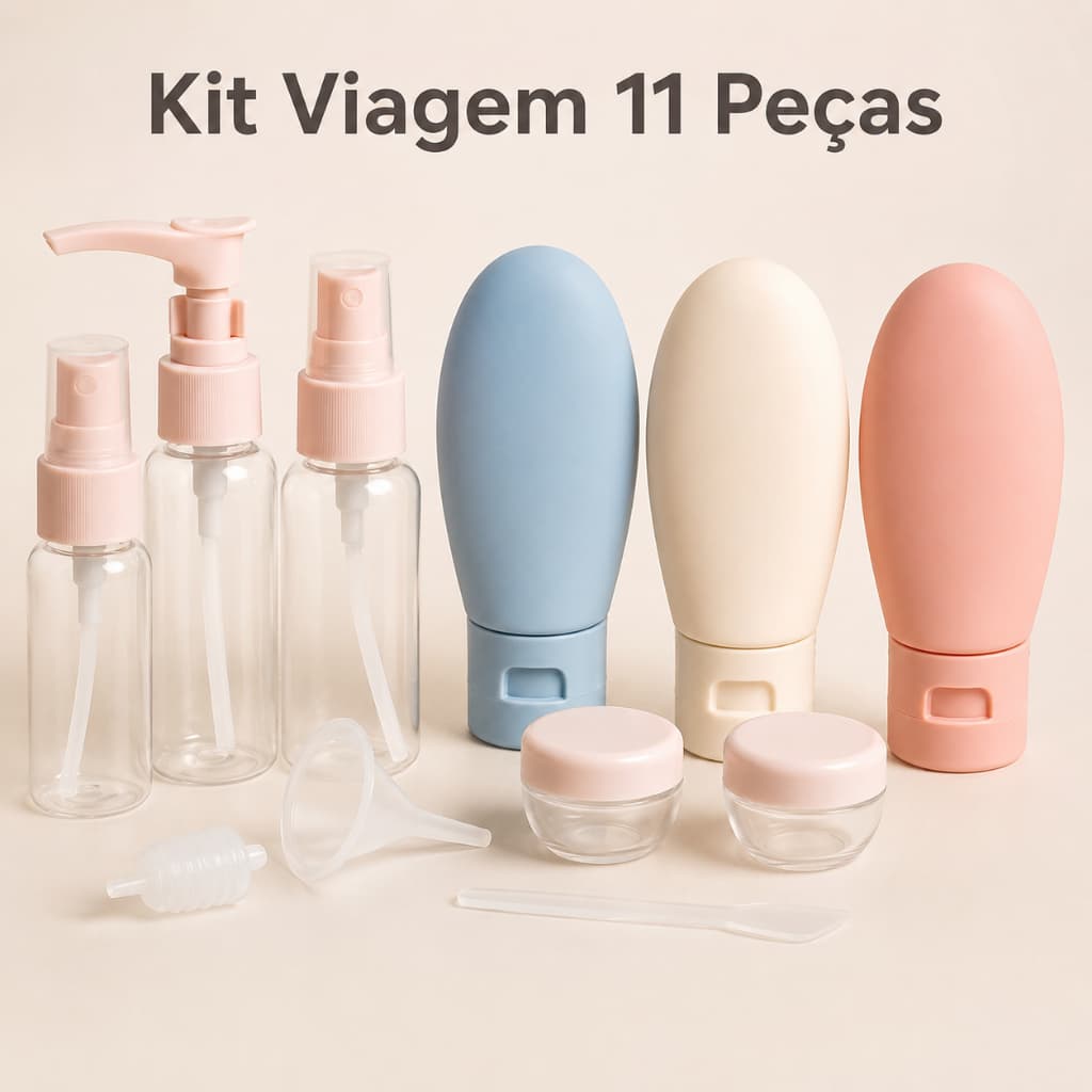 Kit  Viagem 11 Peças Frascos Reutilizáveis para Shampoo Creme Perfume Necessaire