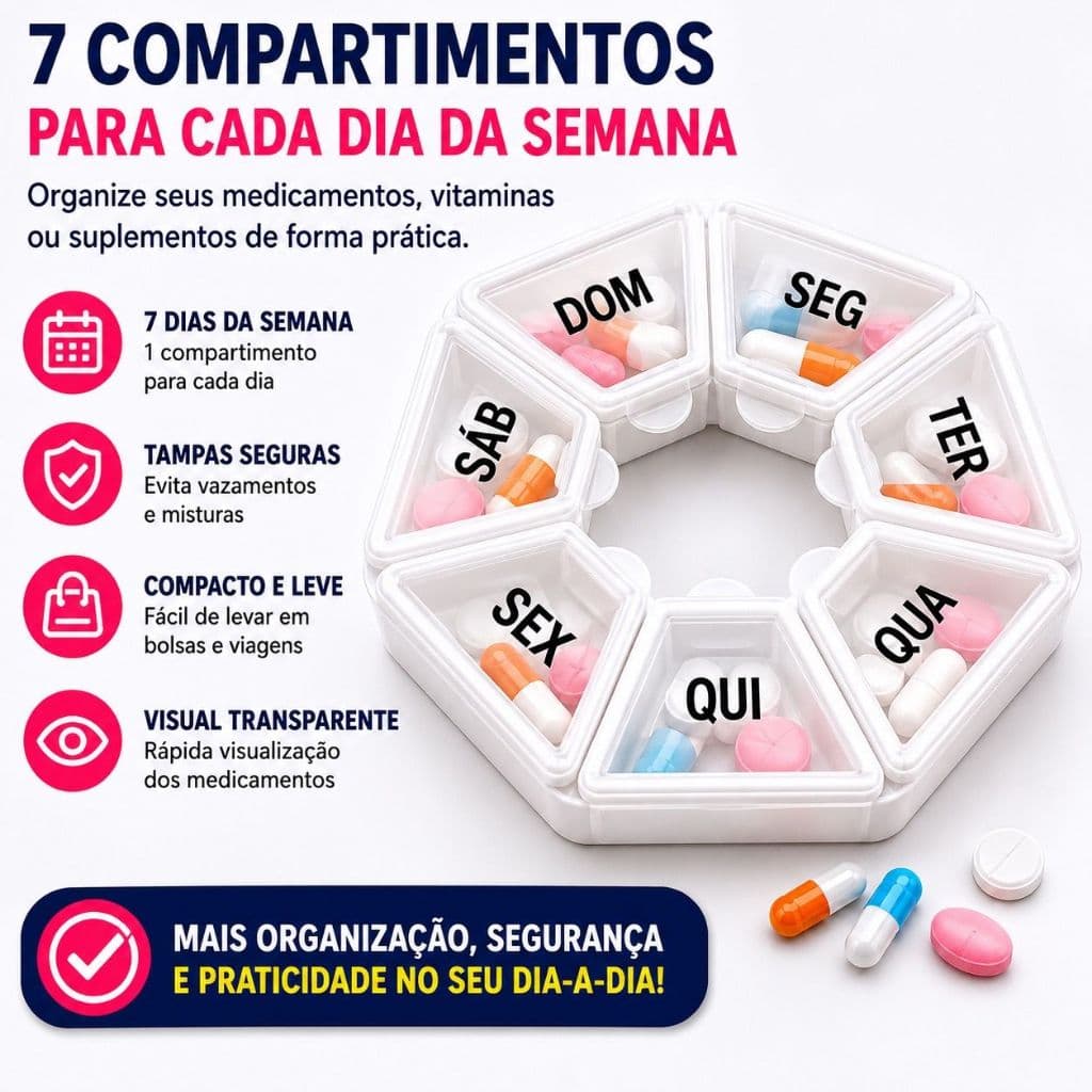 kit organizador porta rémedios e Comprimidos prático Semanal redondo 7 Dias azul branco rosa
