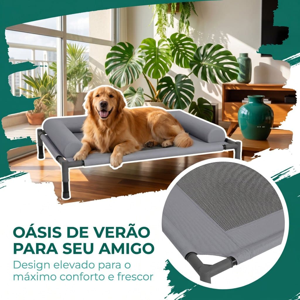 Cama Elevada para Cães Médio/Grande com Encosto, Respirável, Aço Antiferrugem, Base Antiderrapante