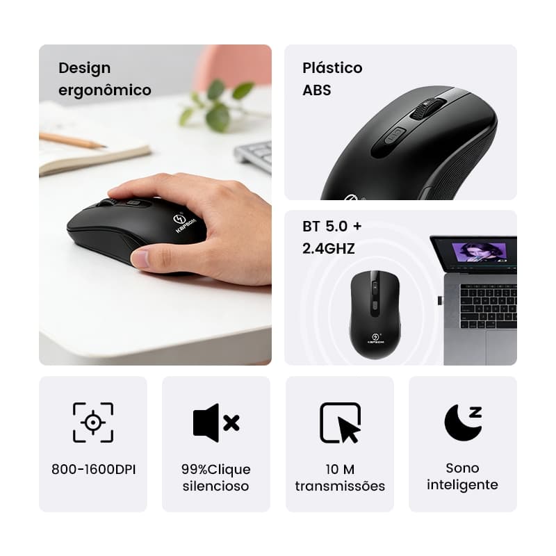 Mouse Gamer Sem Fio Recarregável Bluetooth 2.4GHz RGB LED Ergonômico Silencioso Portátil Bateria DPI
