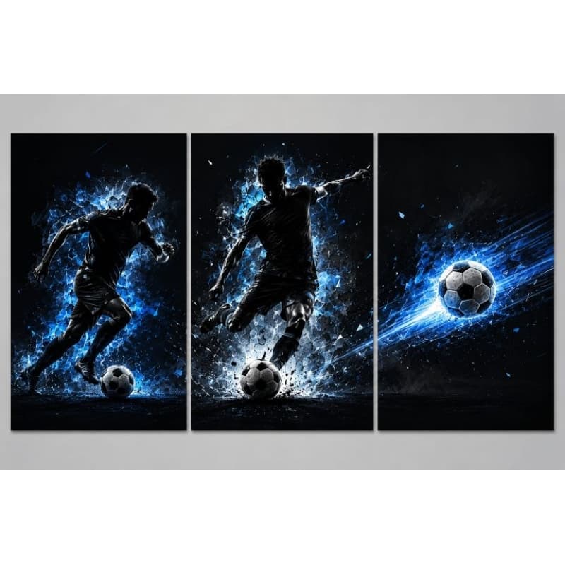 Quadro Decorativo 3 Peças Tema Futebol Jogador Estilo Gamer Moderno Quarto Masculino
