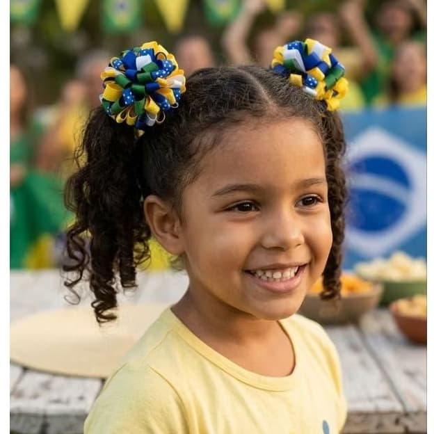 Par de laços infantil pompom de fitas tema Brasil Copa do mundo