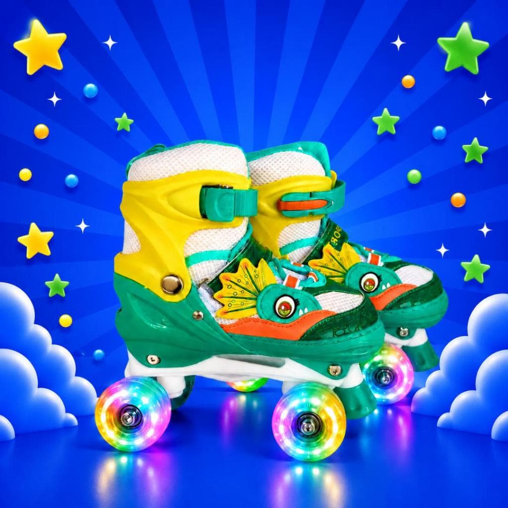 Patins Dinossauro Quad 4 Rodas Infantil Tamanho Regulavel Com Rodinhas de LED + Bolsa