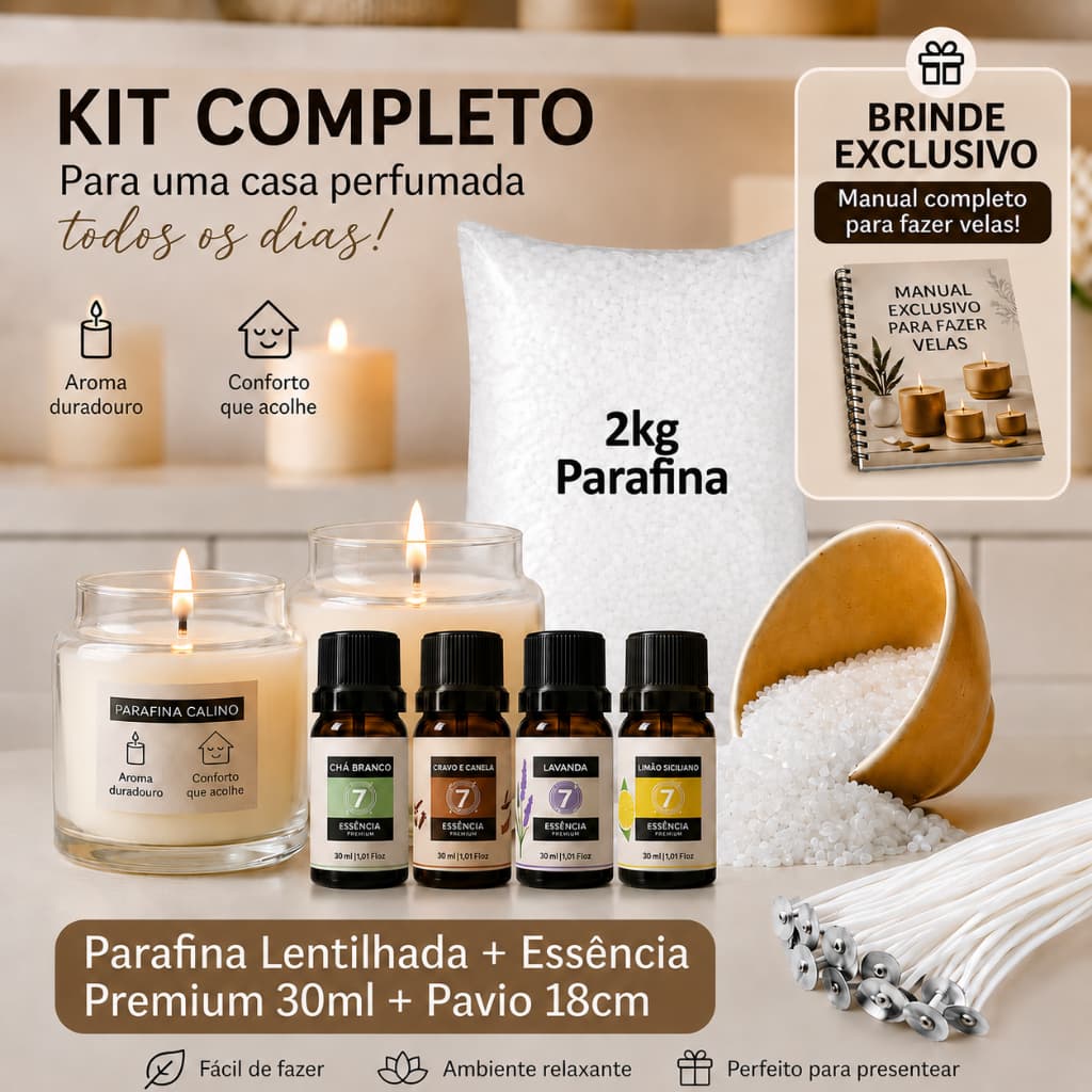 Parafina Lentilhada 2KG + Pavio c/ Ilhós + Essência PREMIUM 30ml para Velas Perfumadas e Decorativas