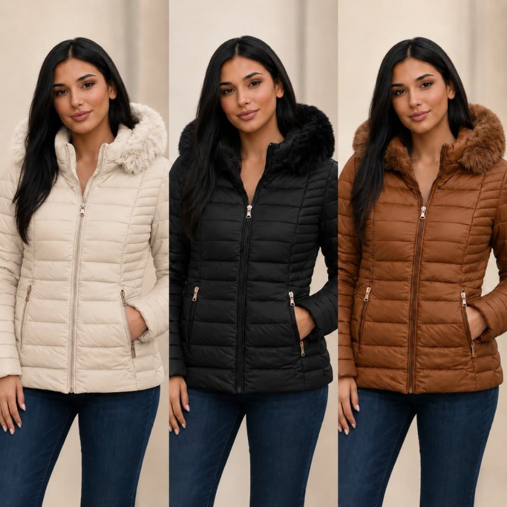 Jaqueta Puffer Feminina com Capuz Peluciado Casaco Acolchoado Forrado Premium – Lançamento 2026