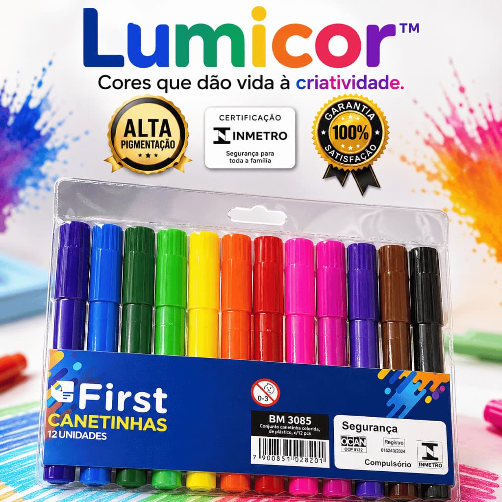 Kit Canetas Hidrográficas Coloridas 12 Cores Alta Pigmentação Escola Escritório