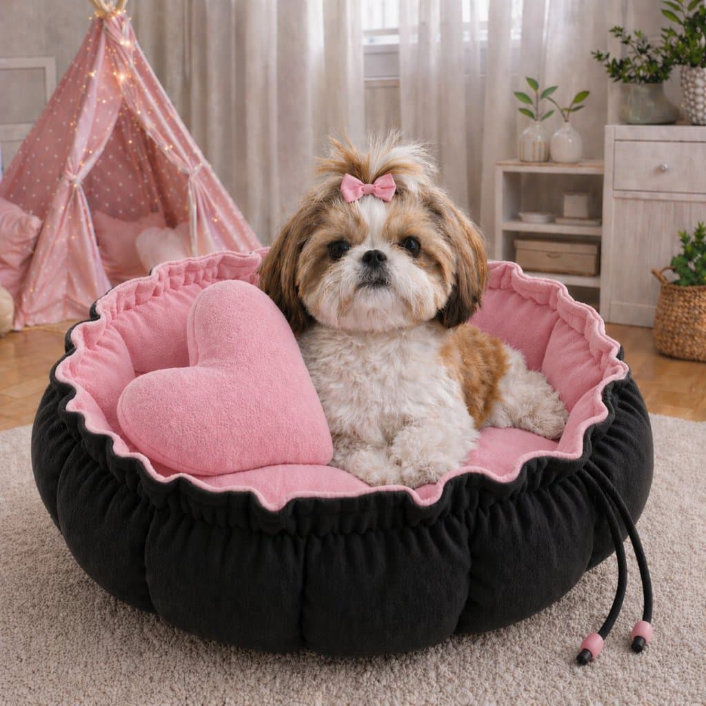 Caminha Redonda, com almofada de coração Rosa\Preto Cama Pet Londres Fresquinha Gato