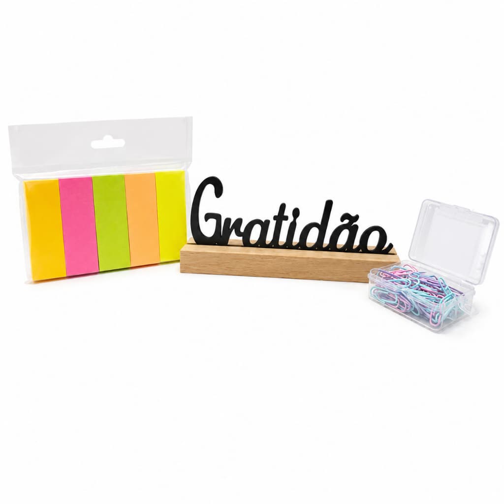 Kit Decoração Mesa de escritorio 500 Blocos De Recados Autoadesivos Post It + 70 Clips + Placa Gratidão