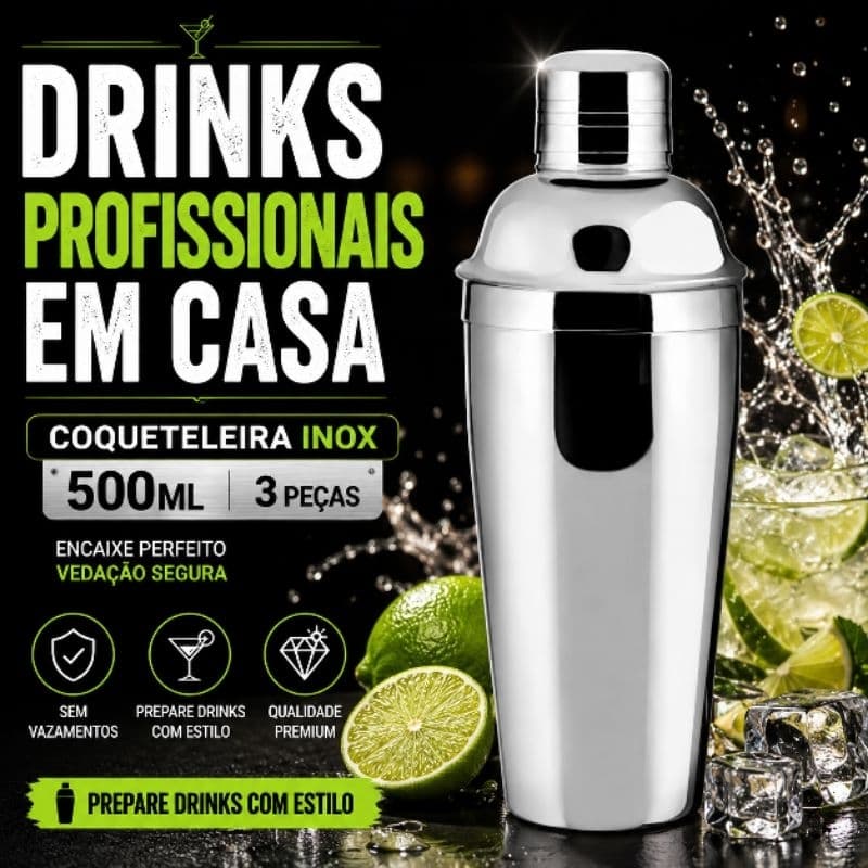 Coqueteleira Inox 500ml 3 Peças com Dosador e Coador Bar Drinks Caipirinha TOP CHEF