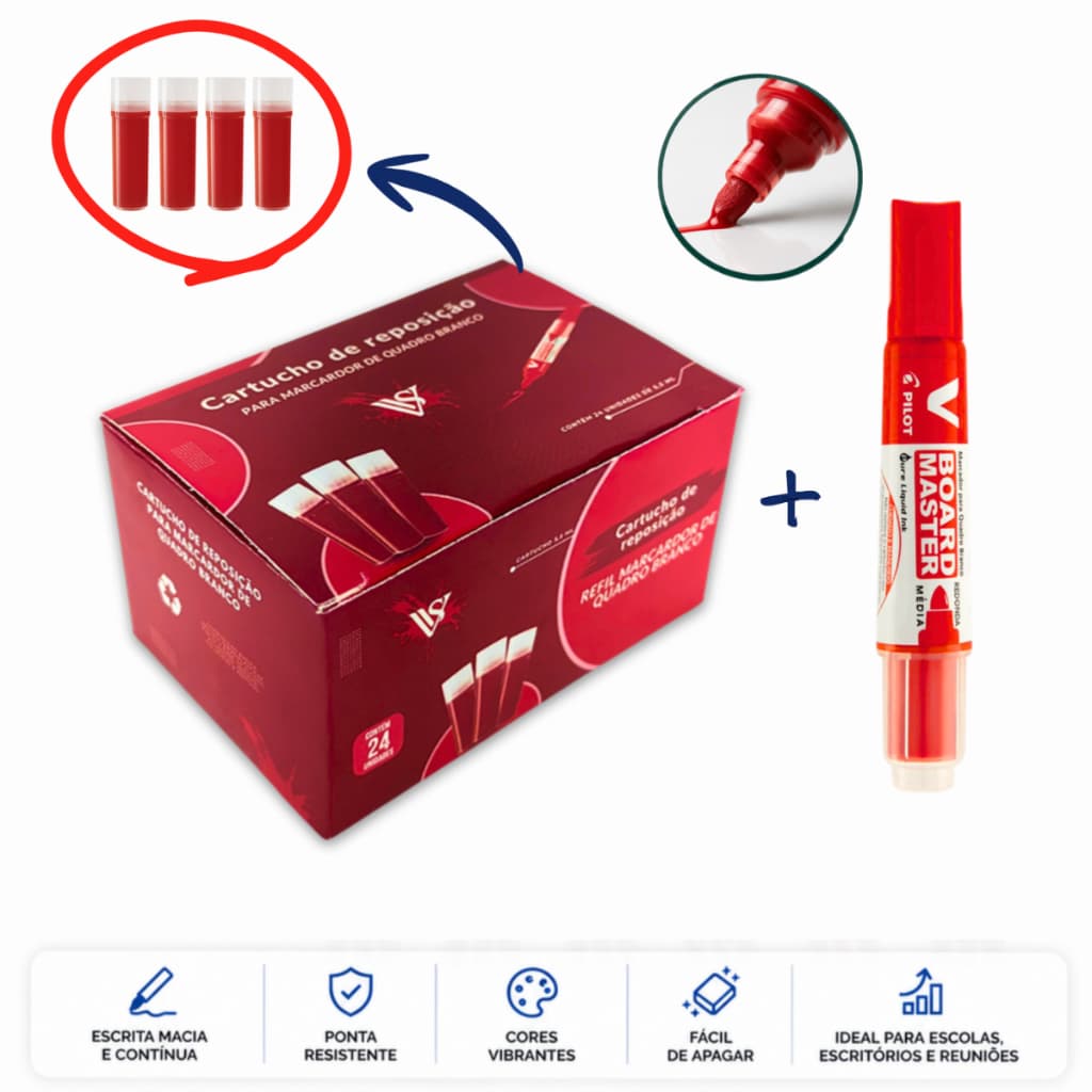 24 Refil Vermelho Pincel Quadro Branco + 1 Marcador Pilot WBM-7 Tinta Recarregável