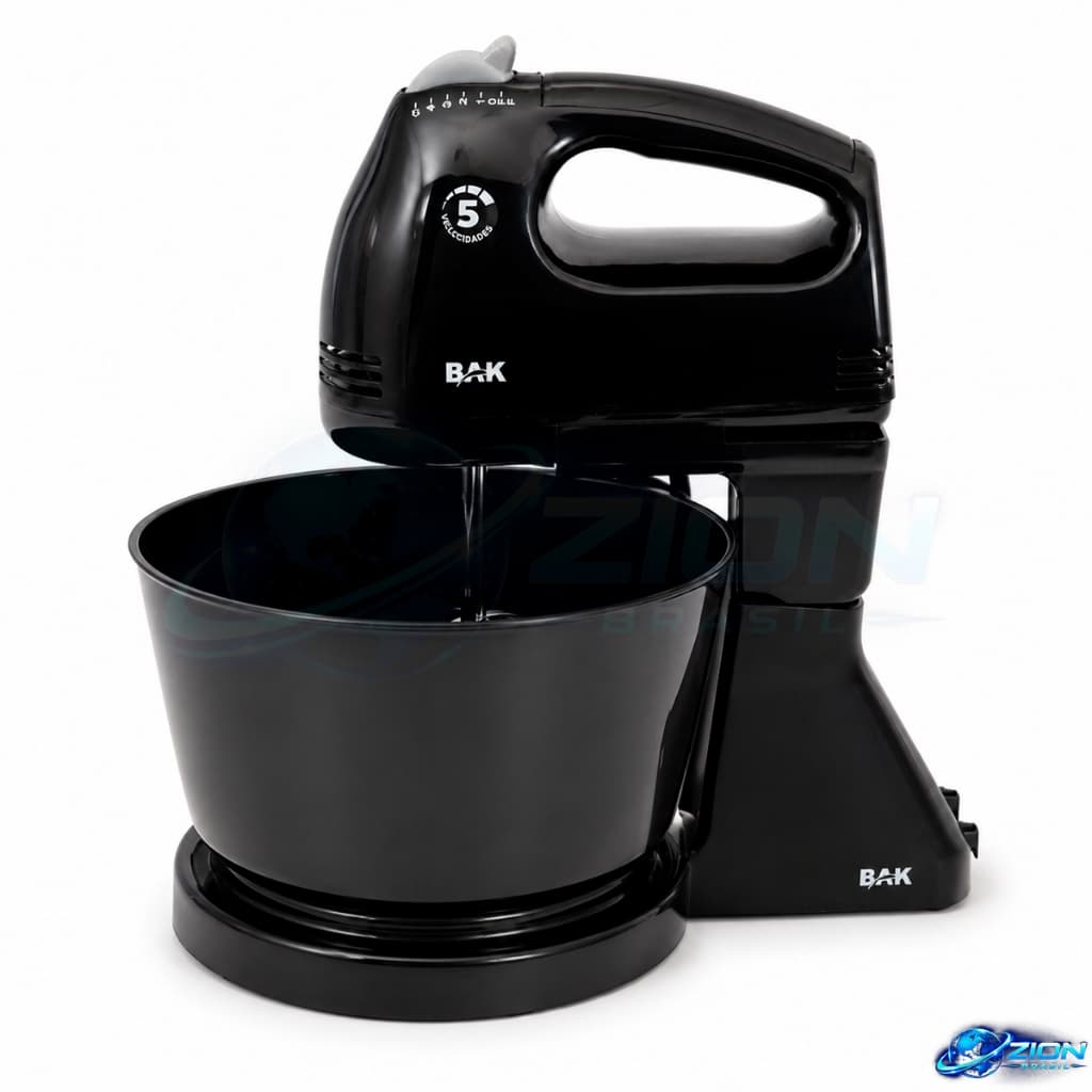 Batedeira Com Pedestal Tigela 2,5L 300W Preta 5 Velocidades Batedores Ganchos Bolos Massas Pao Pizza