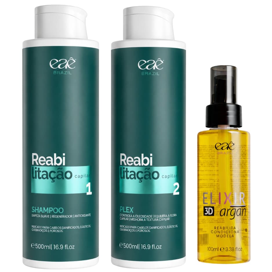 Shampoo e Máscara Reabilitação Capilar + Elixir 3D Argan 100ml Eae