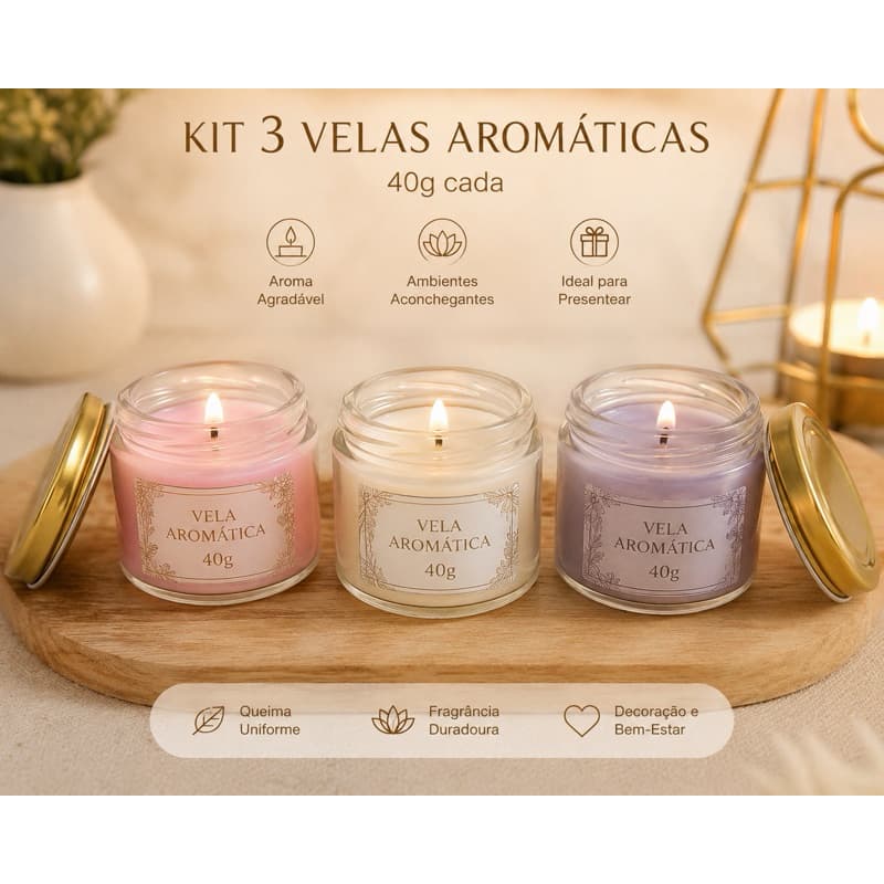 Kit 3 Velas Aromáticas Decorativas 40g | Presente, Decoração e Aromatização