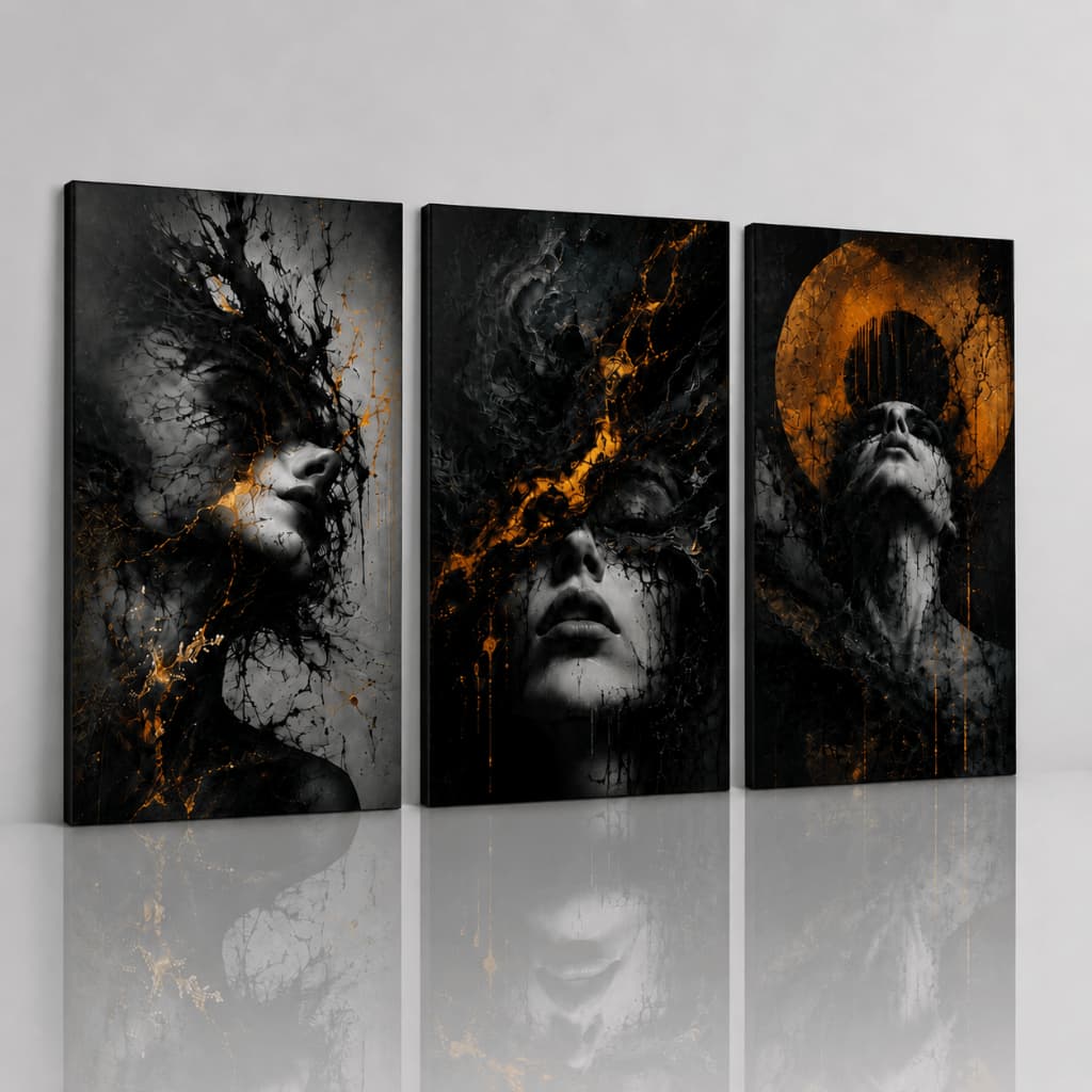 Quadro Decorativo Abstrato Feminino Preto Dourado Kit 3 Peças Moderno Luxo