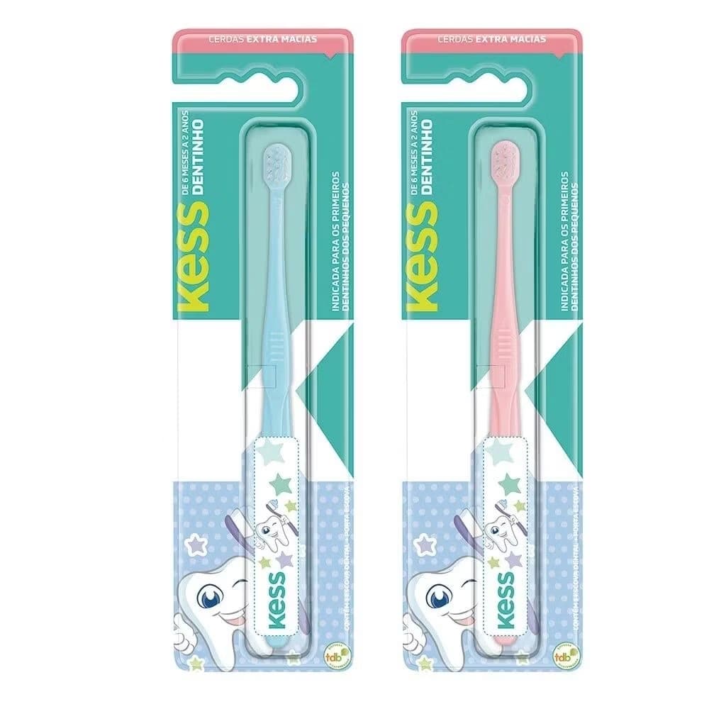 Escova Dental Infantil Bebê 6 a 24 meses Kess Dentinho Cerdas Extra Macia Rosa Azul