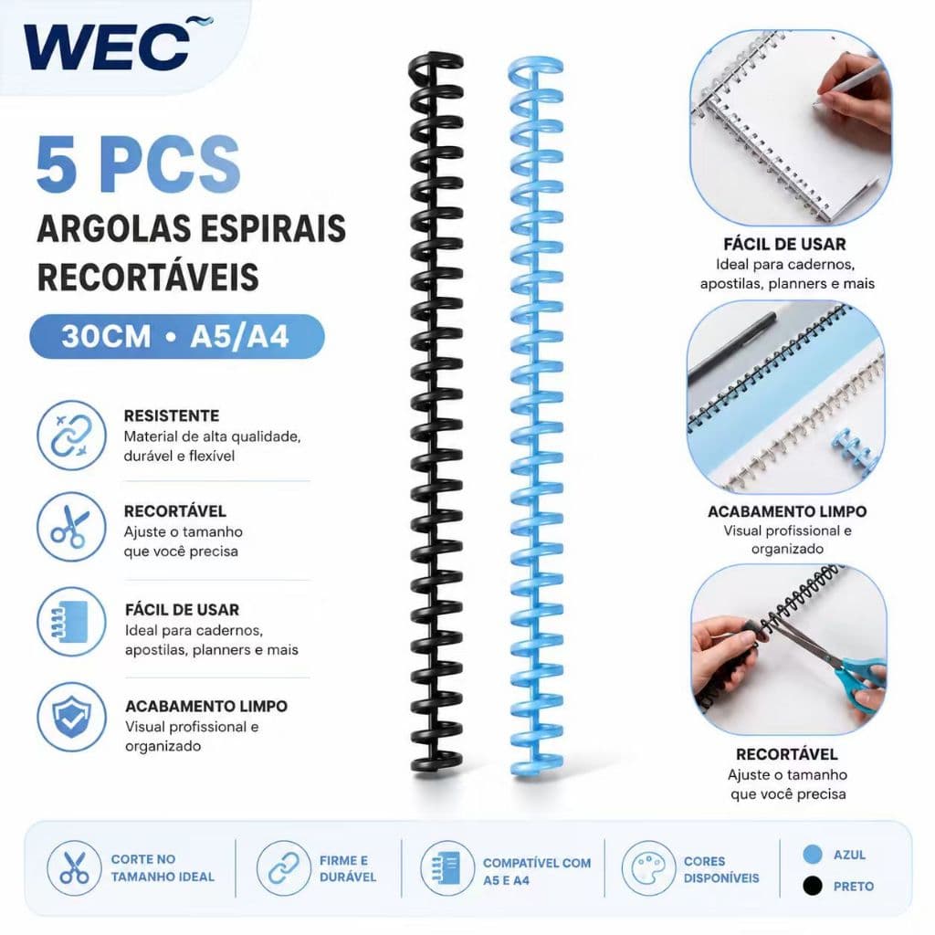 Pacote com 5 Discos Anel Espiral com 30 furos Para Encadernação/ Bloco De Notas/ Caderno/ Apostila