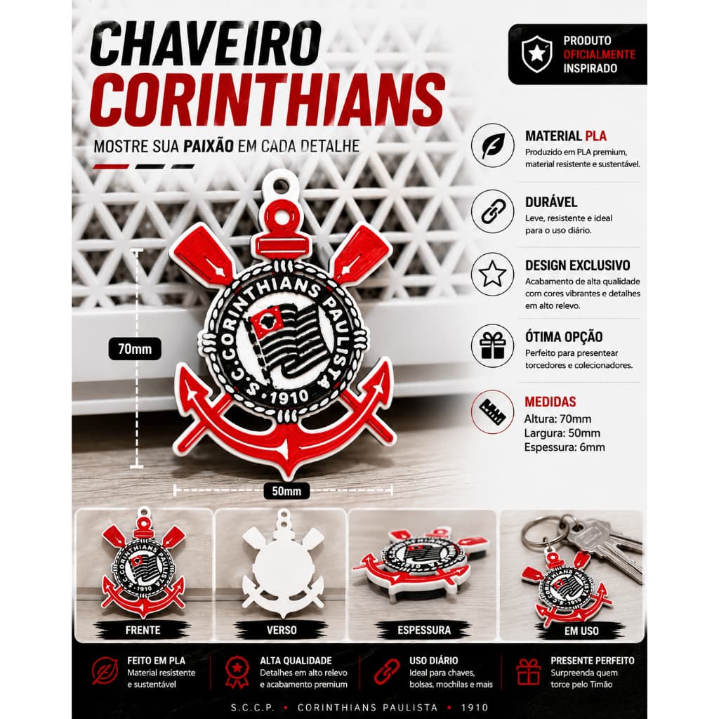 Chaveiro Corinthians 3D Colorido | Escudo em Alto Relevo | PLA Premium | Presente para Torcedor