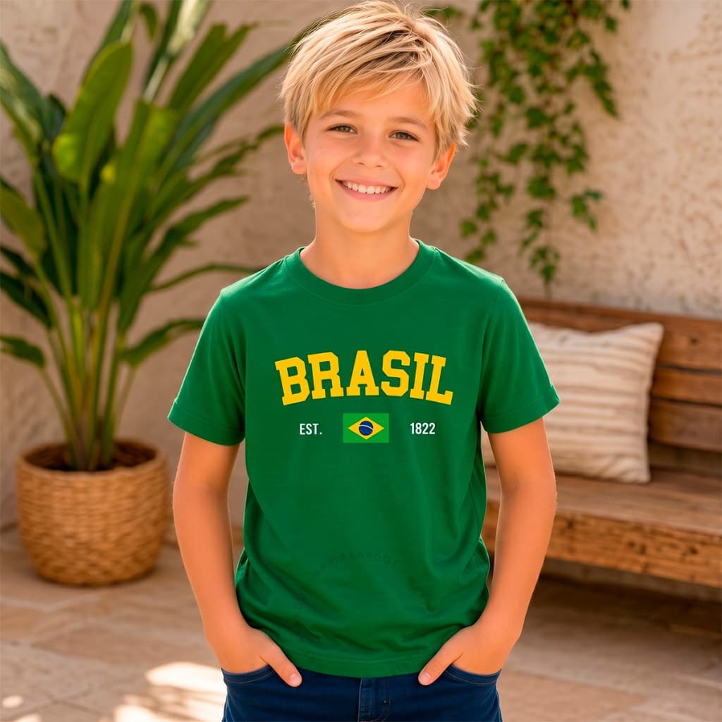 Camiseta Infantil Brasil Unissex 100% Algodão Copa Seleção Torcida Premium Estampa Tam 6 ao 14