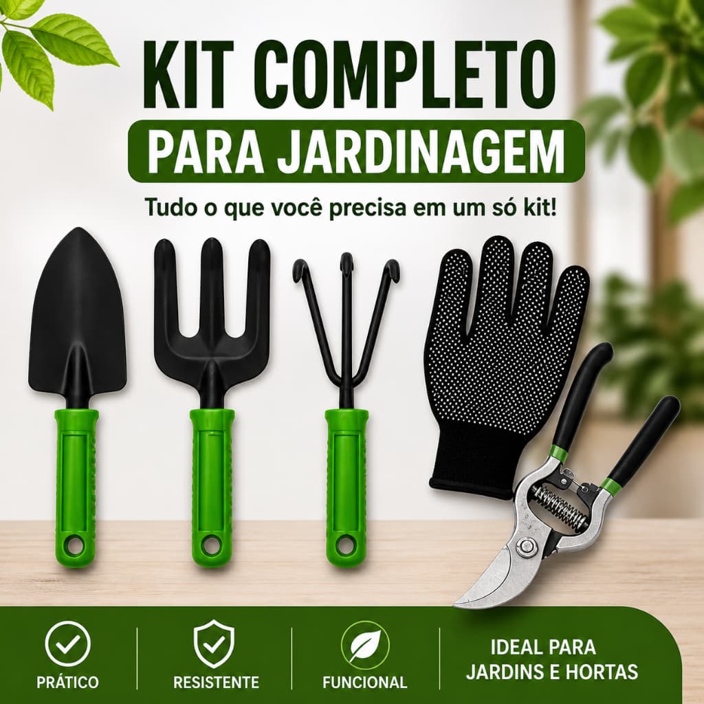 Kit Jardinagem Jardim Pa Tesoura de Poda Luva 5 Peças
