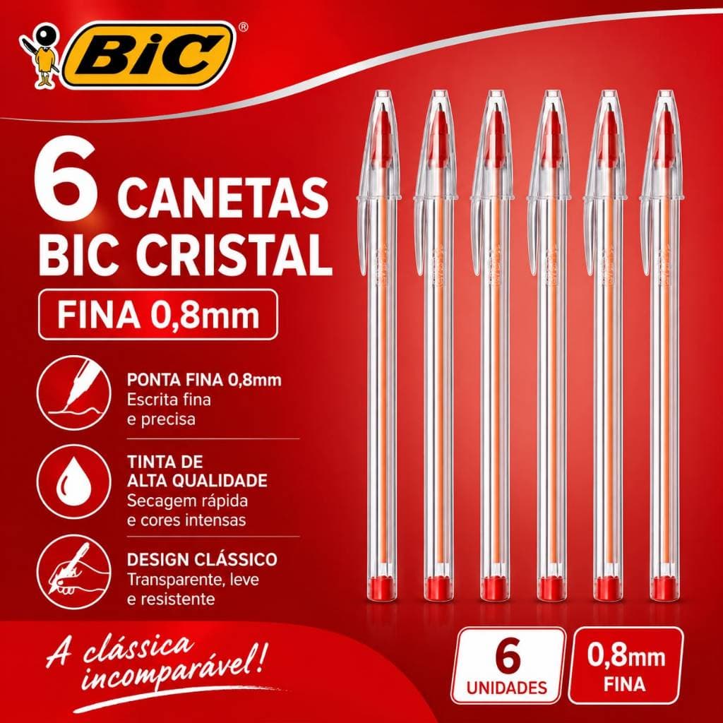 KIT 6 CANETAS BIC CRISTAL PONTA FINA VERMELHA 0,8mm CANETA ESFEROGRAFICA ESCOLAR/ESCRITORIO
