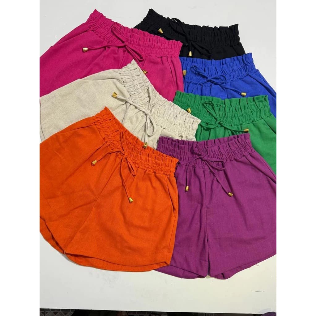 Shorts Linho Curto Feminino Com Elástico Na Cintura Bolso Lateral