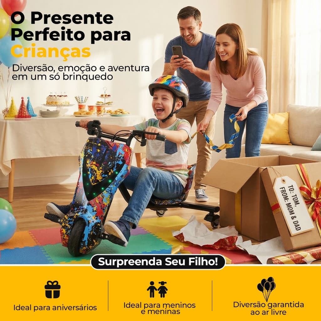 Triciclo Elétrico Drift Motorizado 250W350w Adulto/Infantil 6" 8" Polegadas 3 Velocidades Bluetooth Led