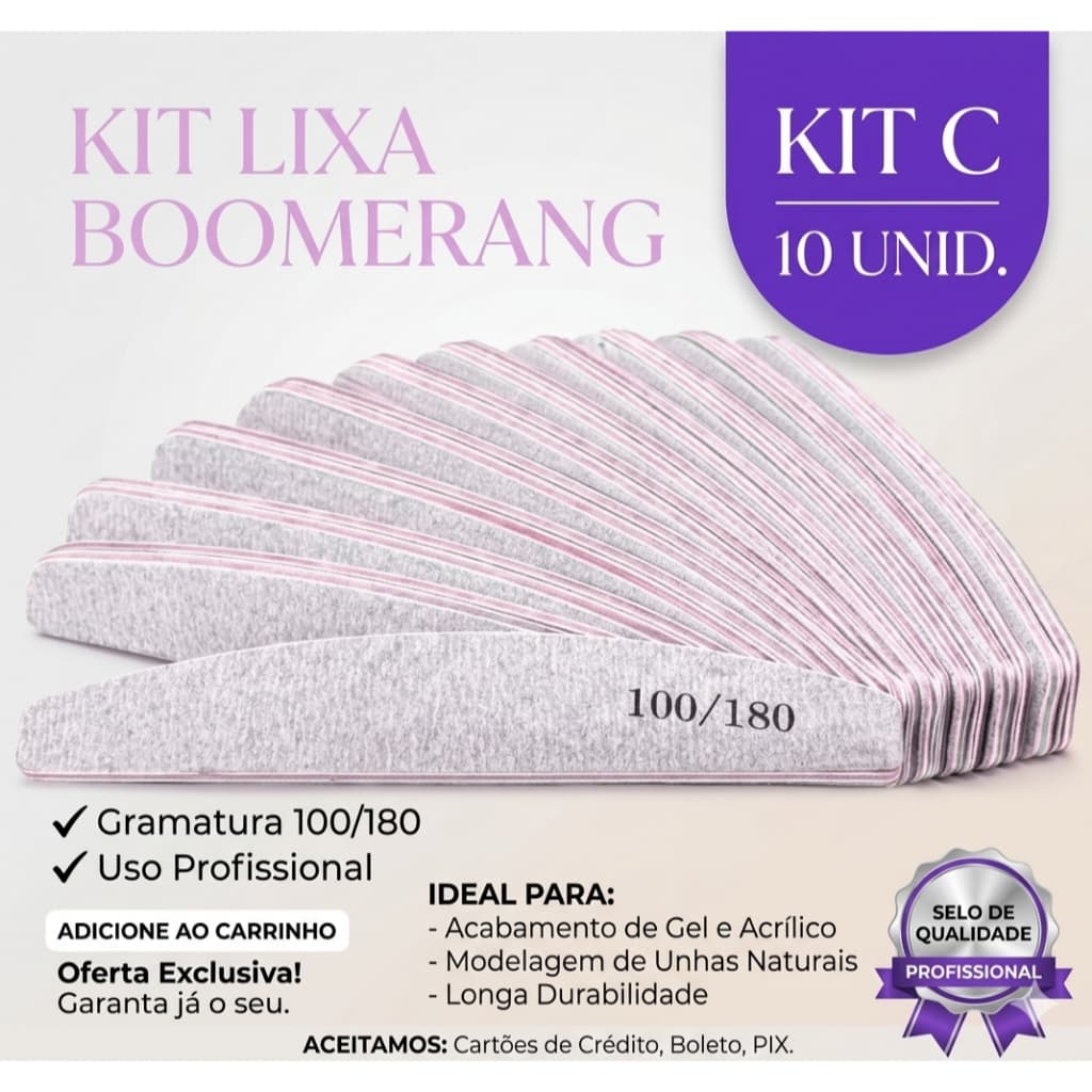 LIXA BUMERANG 100/180 COM 10/20/40 Unha Porcelana Acrygel Fibra Boomerang