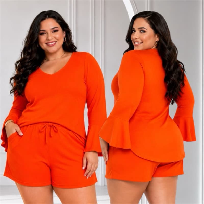 Conjunto Plus Size Feminino Short Blusa Manga Longa Malha Suede Canelada