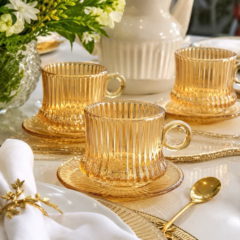 Jogo de Xícaras de Vidro Âmbar 200ml com Pires – Kit 6 Peças Elegante para Café e Chá