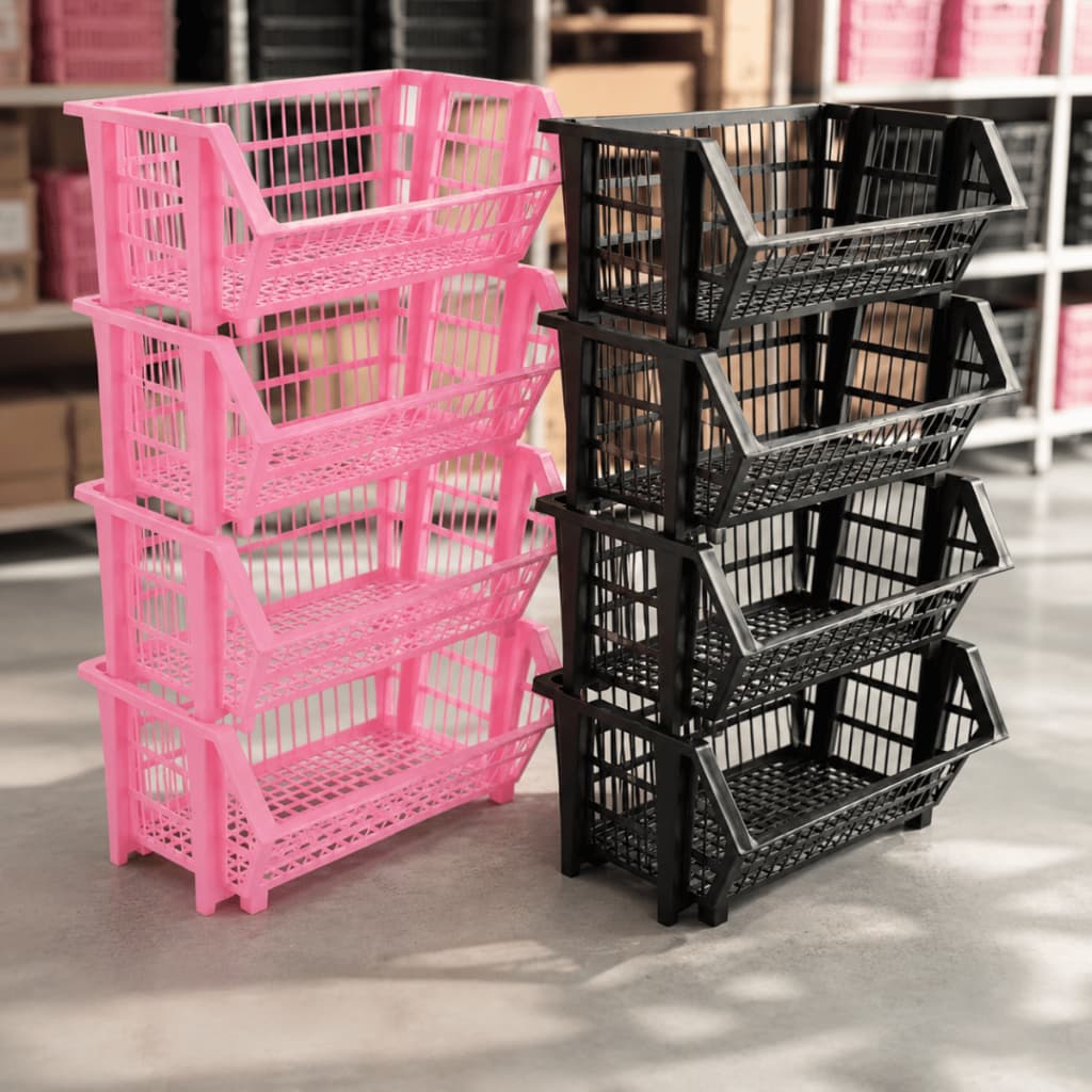 Kit Cesto Empilhável Expositor Organizador Gondola Plástico Estoque Produtos Comércio Loja Atacado
