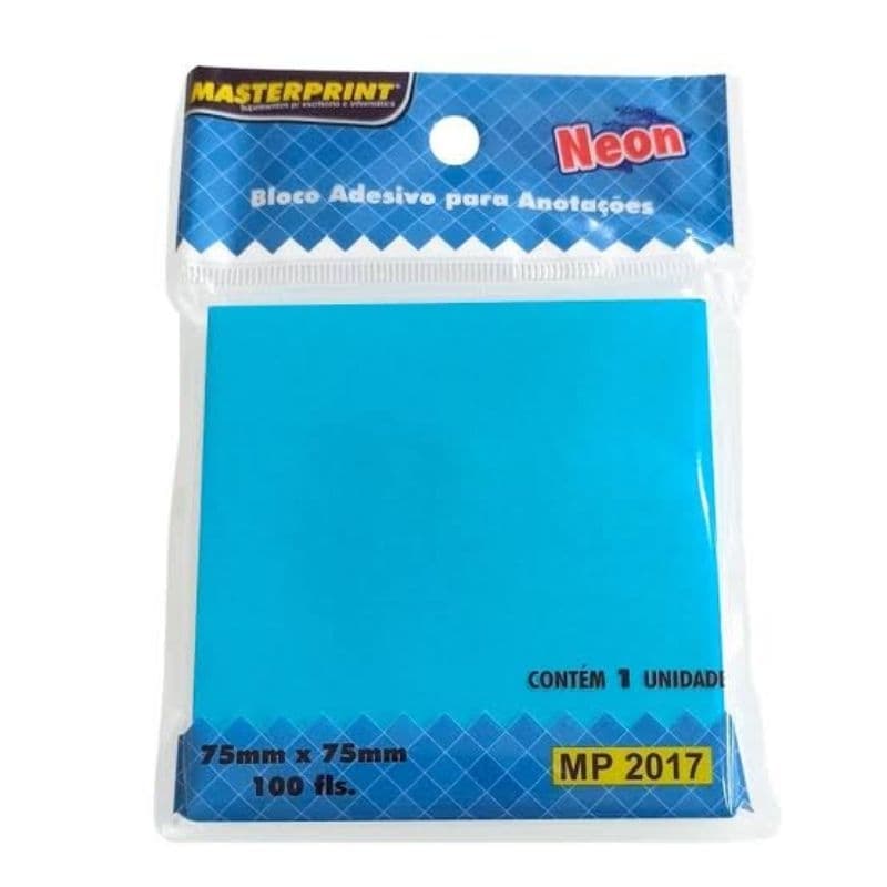 bloco de anotações adesivo masterprint 7,5x7,5 com 100 folhas nas cores azul amarelo verde e rosa
