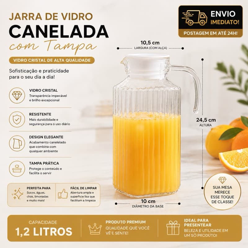 Jarra com Alça Canelada 1.8l Com Tampa Vidro Canelado 1,8L - suco agua Bebidas, festas Água e Sucos