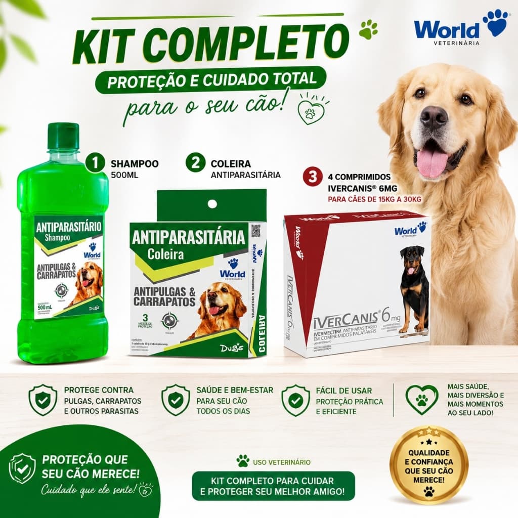 Kit Contra Pulgas, Carrapatos E Sarnas - Antiparasitarios Shampoo 500ML, Coleira E Comprimidos.