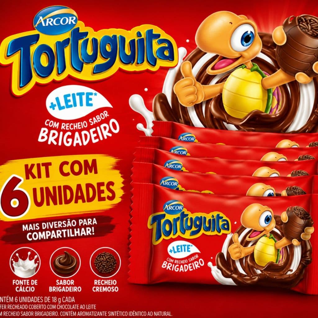 Kit 6 unidades de Tortuguitas Recheio Sabor Chocolate com Granulado 15,5g Arcor