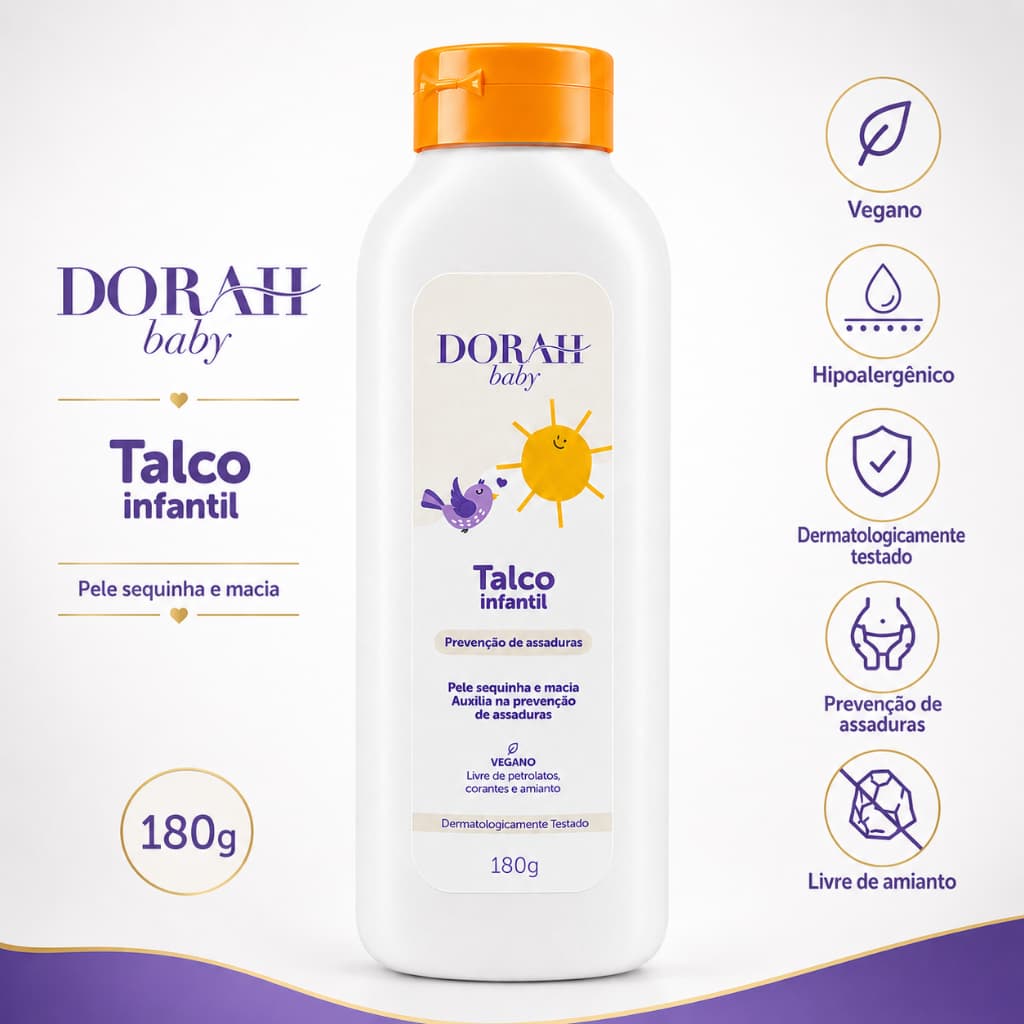 Talco Infantil Dorah Baby 180g Hipoalergênico Dermatologicamente Testado