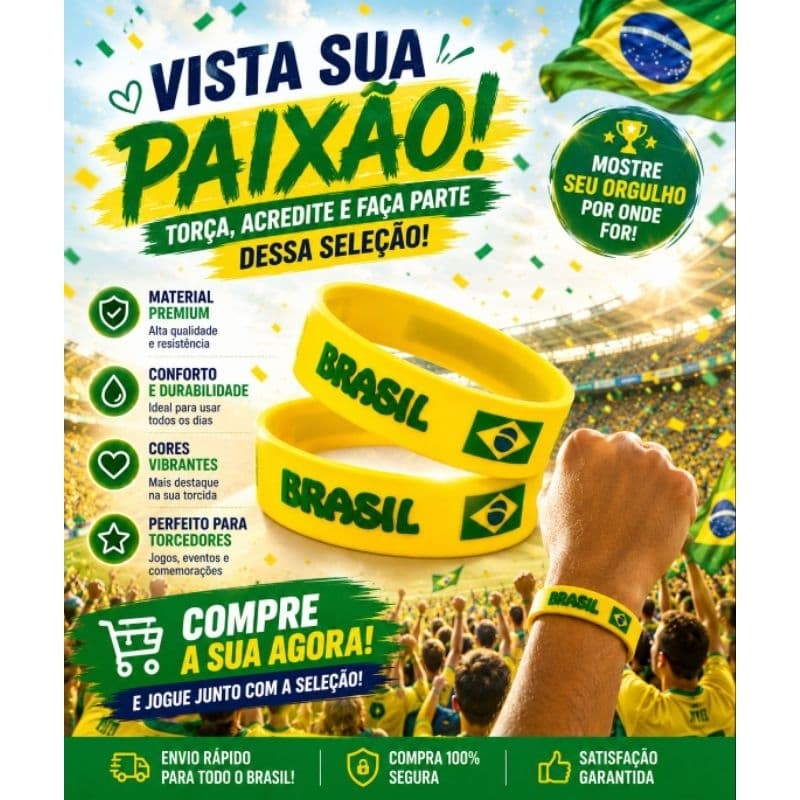 Kit 2 Pulseiras de Silicone da Seleção Do Brasil Verde e Amarela Para os Jogos da Copa do Mundo