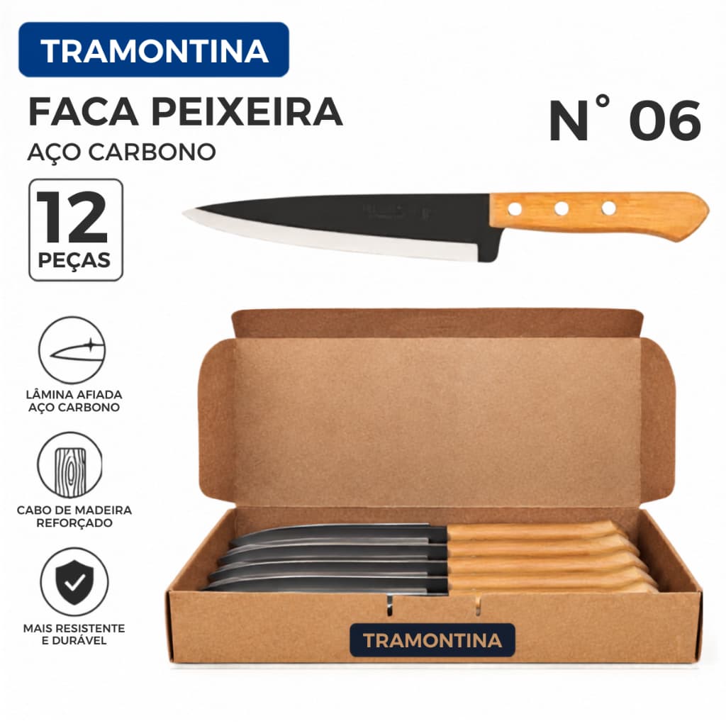 Jogo 12 Facas Peixeira Aço Carbono Cabo de Madeira Restaurante Cozinha Tramontina 27cm Original