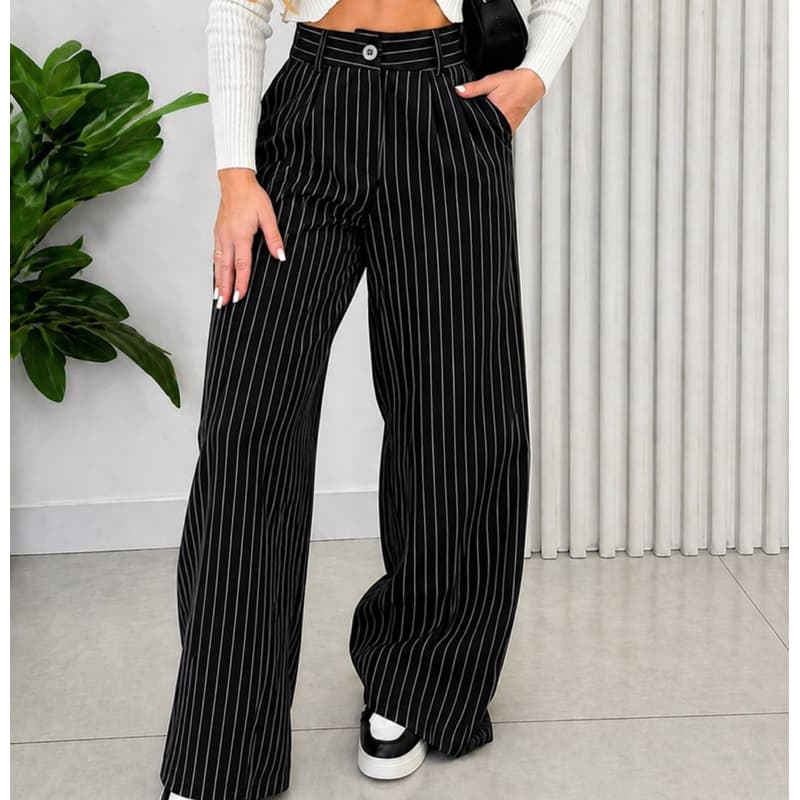 Calça Pantalona Feminina Alfaiataria Cintura Alta Risca de Giz Preta Social Elegante