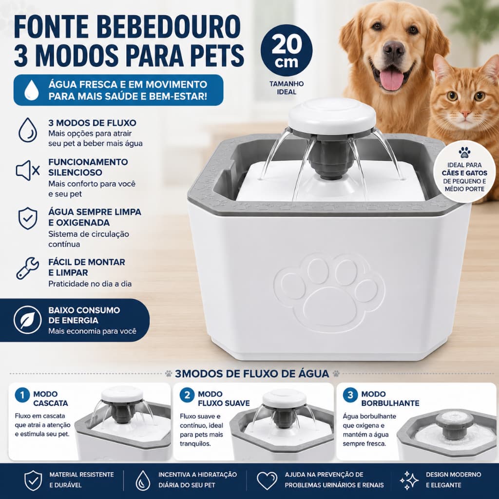 Fonte Bebedouro Água 3 modos Para Pets 20cm Fonte Bebedouro Gatos Cães Automático Joy Furacão Pets