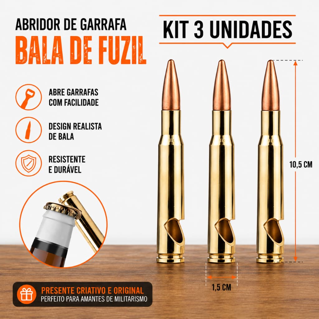 Kit 3 Abridor De Garrafa Bala Fuzil Munição Projétil 5.56 Cal