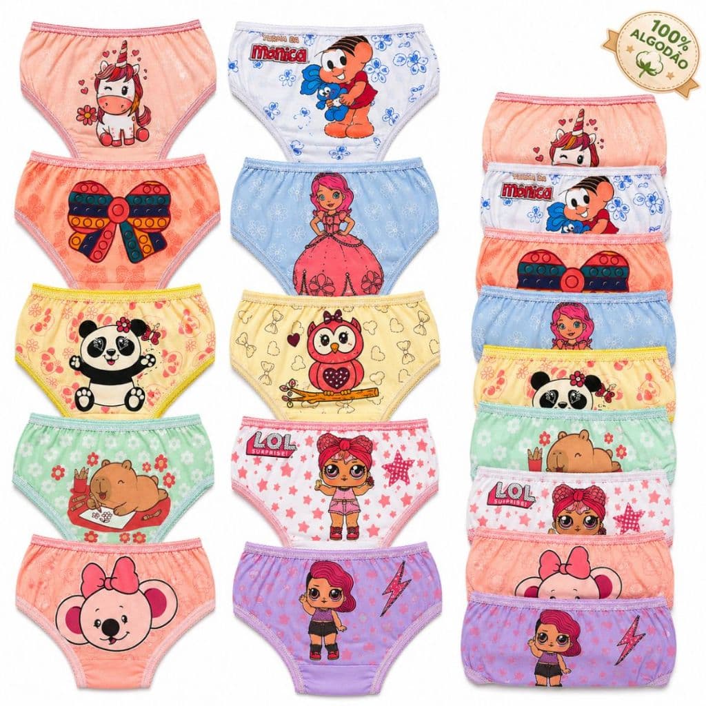 Kit Calcinha Infantil Menina 100% Algodão Com Forro Confortável Estampas Sortidas Bebê