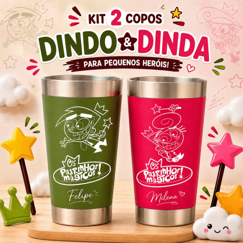 Kit 2 Copos Térmicos Personalizado Dindo e Dinda Nome + Frases Divertidas Modernas gravação a laser