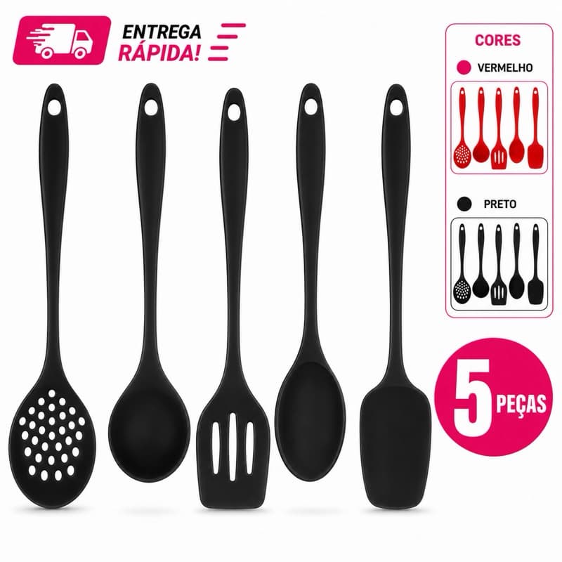 5 ou 3 Peças Utensilios de Silicone para Cozinha Colher Arroz Espatula Curva Espatula Vazada e Reta Concha Feijão