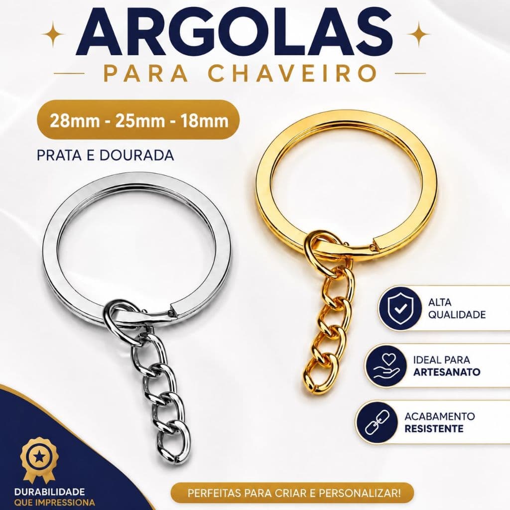Argolas Para Chaveiro C/ Corrente -28mm 25mm 18mm Prata/dourado 50/100/150Pçs