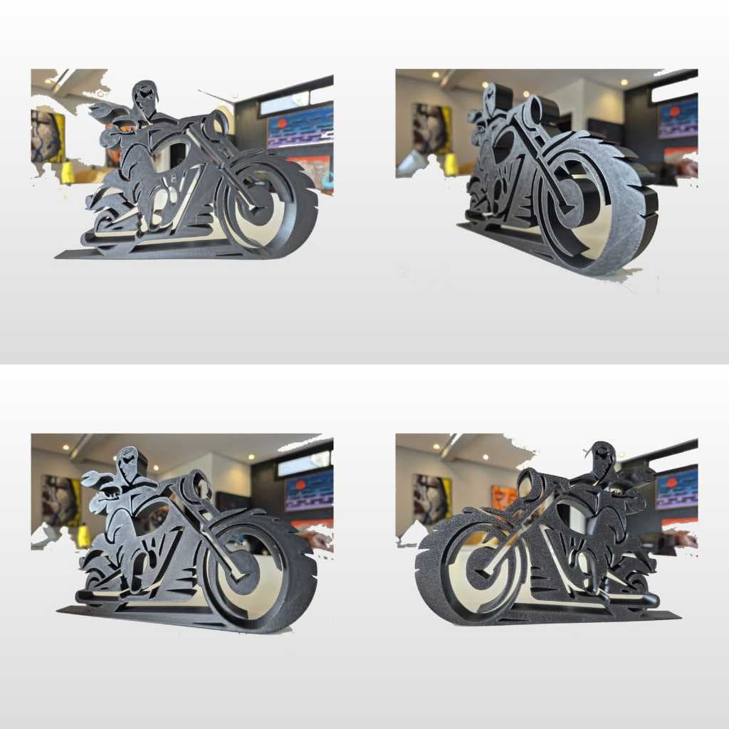 ESCULTURA MOTO CUSTOM DECORATIVA MOTOCICLISTA ARTE MODERNA COLECIONAVEL PRESENTE PARA ESCRITORIO , SALA E GARAGEM