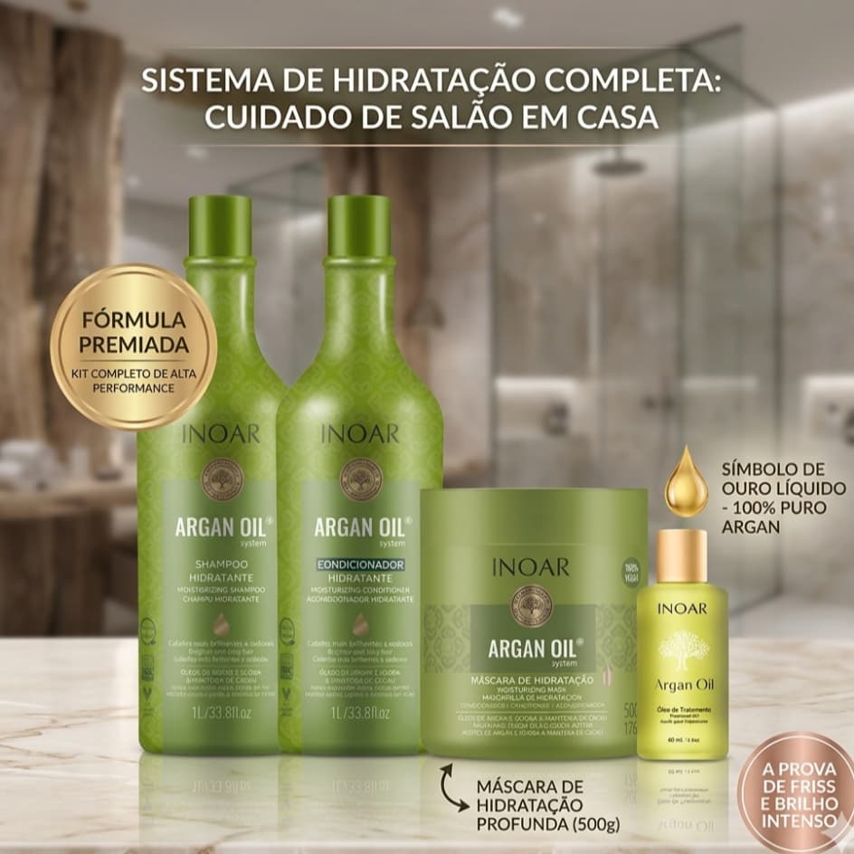 Kit Inoar Argan Oil System Shampoo 1L+Condicionador 1L+Mascara 500g+ Óleo de Argan 60ml