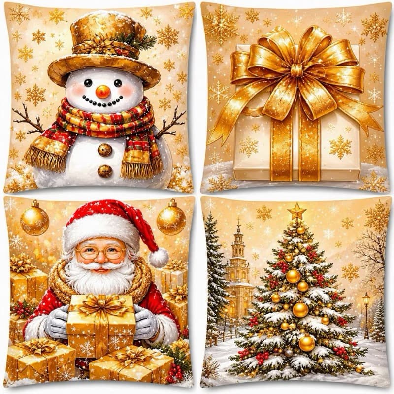 KIT 4 CAPAS DE ALMOFADAS DECORATIVAS NATAL, PAPAI NOEL ,BONECO DE NEVE-COLEÇÃO DOURADA 2026