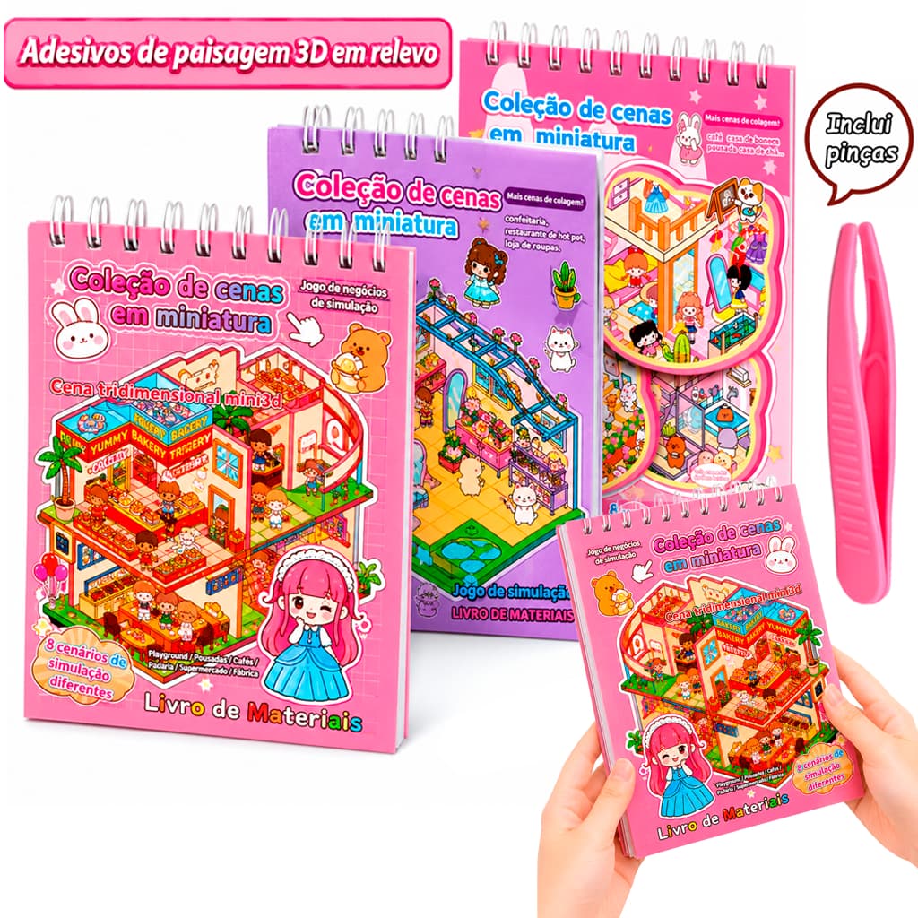 Livro Adesivos Infantil 3d 8 Cenários + Pinça Miniaturas Fofos Hoobby Anti Stress E Ansiedade